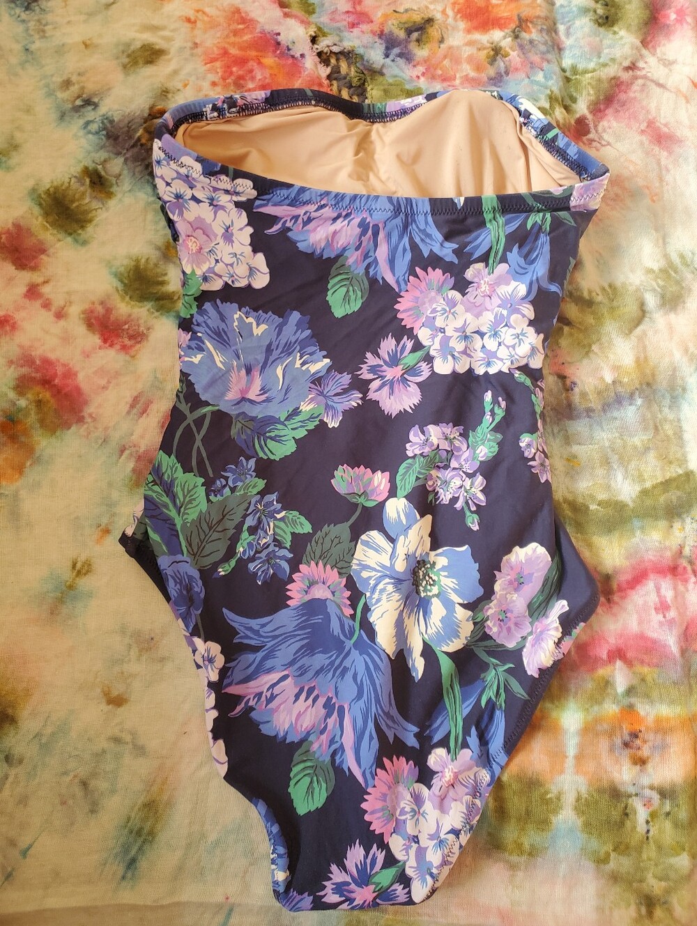 J. Crew Strapless Bandeau Floral One-Piece Swimsuit - Navy, Purple, Green - Picture 4 of 4